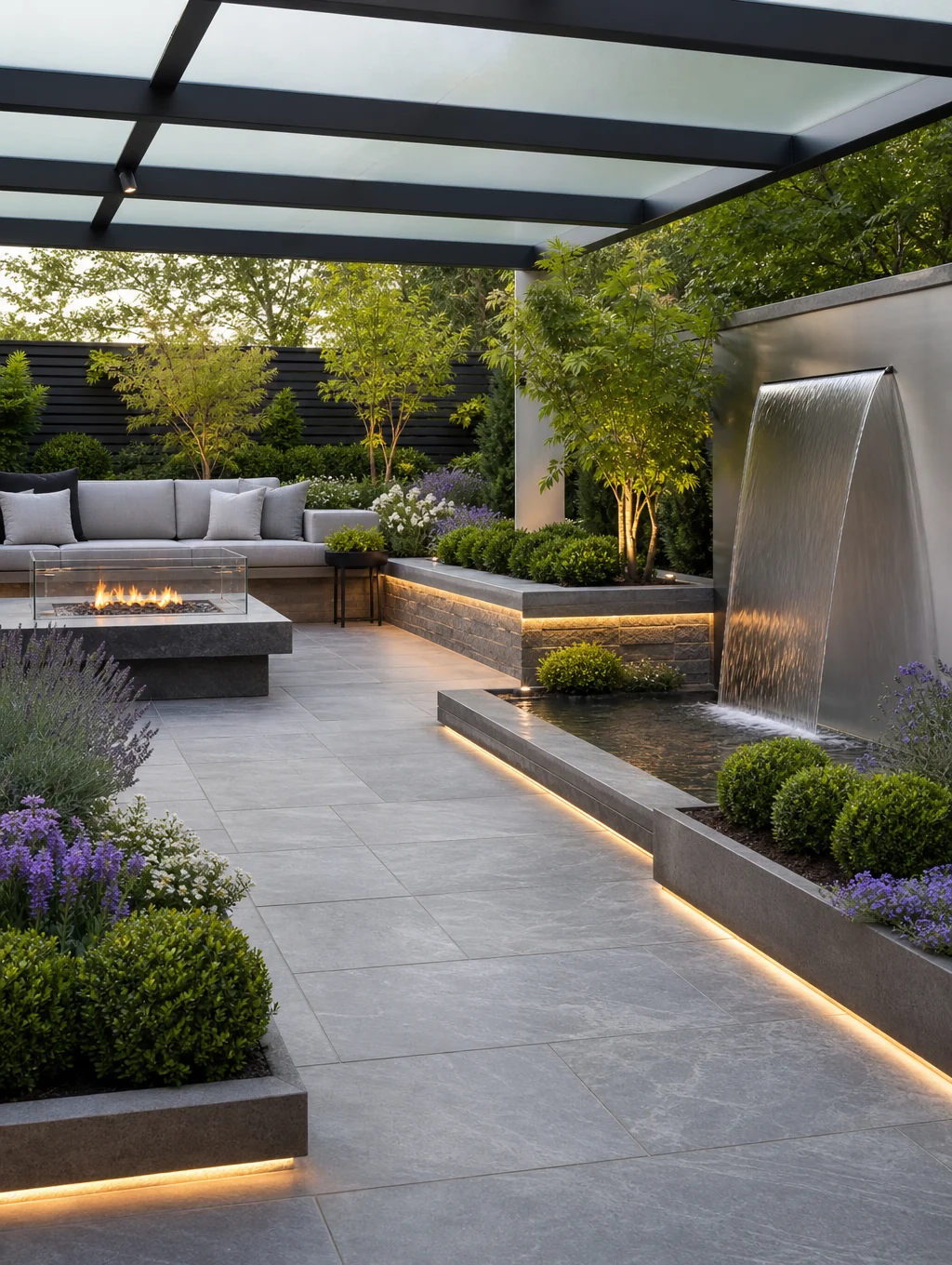 Modern stone patio with clean lines and professional masonry