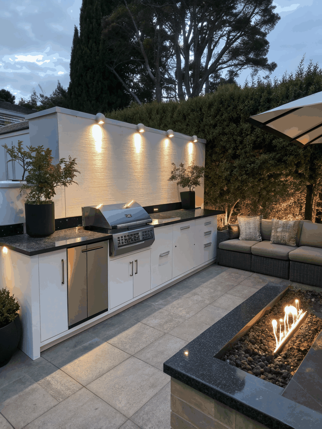 Modern luxury patio design with outdoor kitchen and fire pit