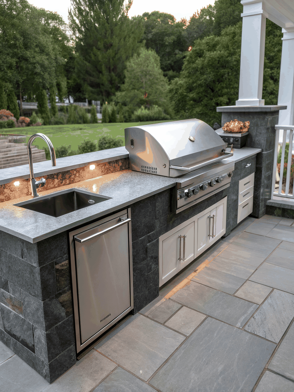 Luxury outdoor kitchen and lounge area in a residential backyard
