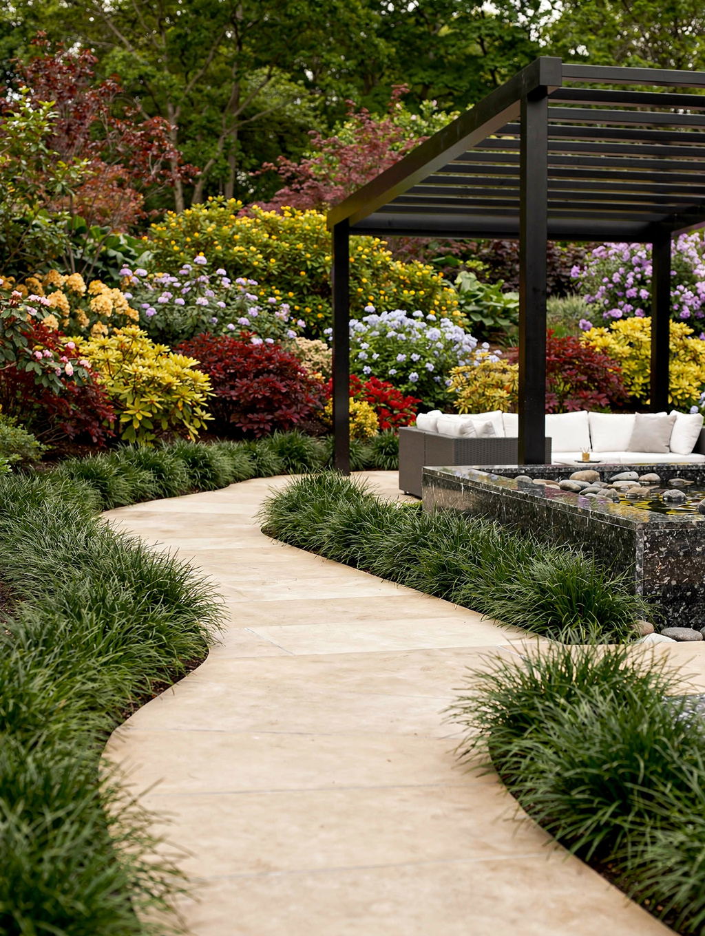 Beautifully landscaped garden with native plants and artificial turf
